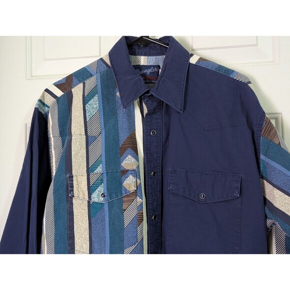 VTG Wrangler Shirt Mens XL 17x35 Navy Southwestern Pearl Snap Western Cowboy 90s - Picture 2 of 8